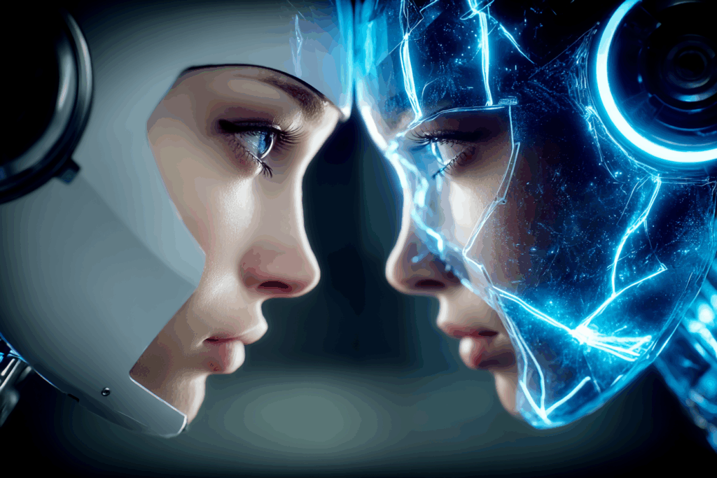 Close-up of a human face reflected in a robotic counterpart, both staring at each other with calm intensity, glowing blue circuitry highlighting the divide between emotion and imitation.