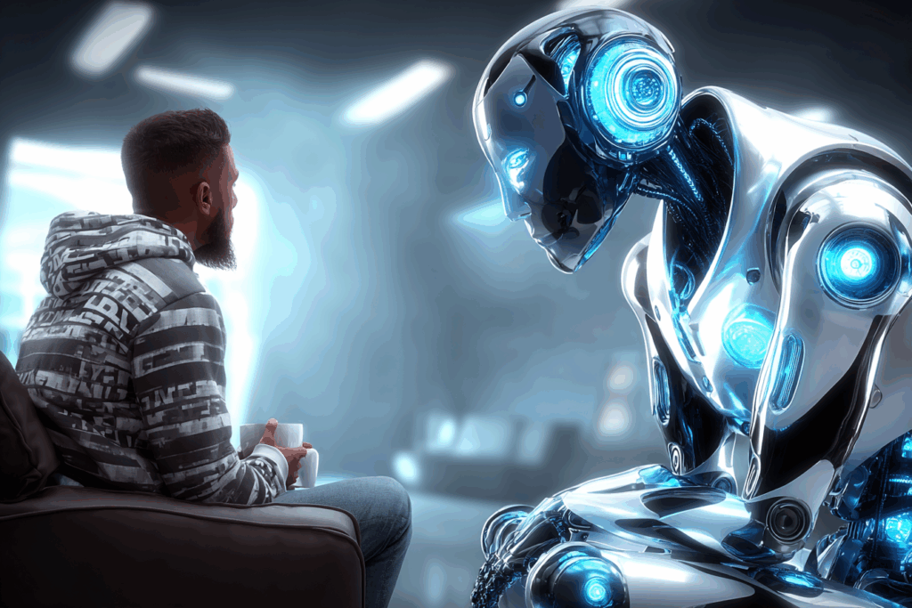 A humanoid robot with glowing blue circuits leans toward a man holding a coffee mug in a quiet room, the scene echoing the posture of a therapist listening to a patient.