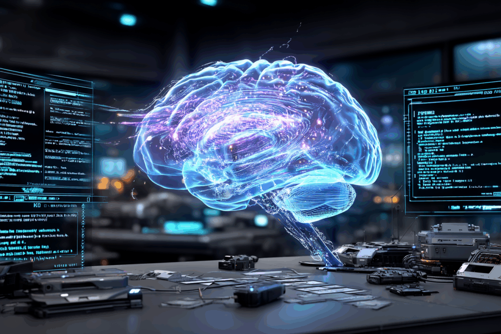 A glowing holographic brain made of swirling blue and purple digital lines hovers above a cluttered tech workbench. Computer screens filled with code flank the scene, suggesting overloaded or chaotic processing.
