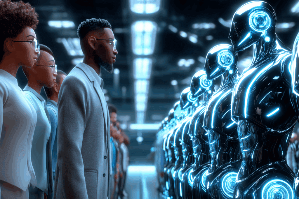 Humans and robots stand in two facing lines, staring each other down under bright futuristic lighting. The humans look serious; the robots look expressionless.