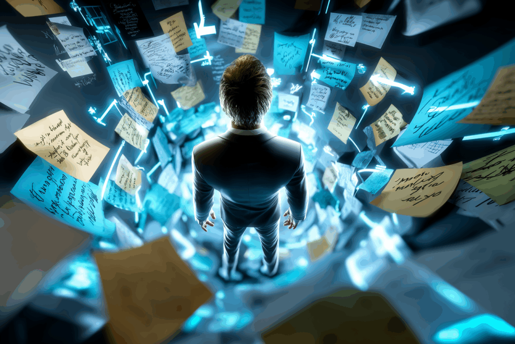 A man in a suit stands surrounded by floating handwritten notes, sticky papers, and chaotic arrows forming a vortex of contradictions. Blue glowing connections link the fragments, emphasizing confusion.