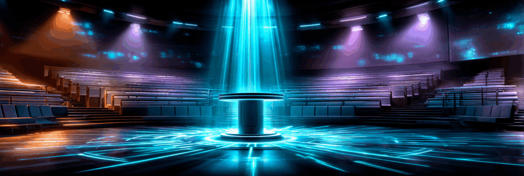 A circular lecture hall with empty tiered seating, a glowing blue spotlight shining directly onto an empty podium in the center of the room.