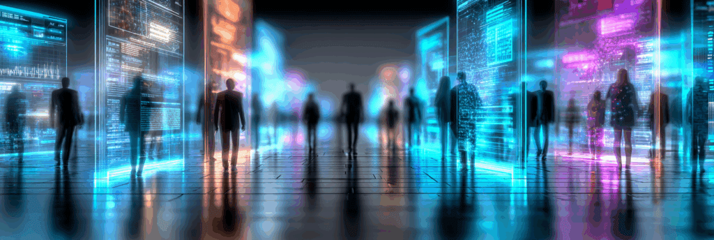 A futuristic hallway filled with glowing transparent data panels, with blurred human silhouettes walking between them, creating the sense of people reflected and distorted inside streams of information.