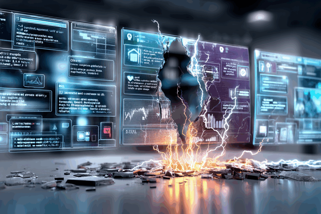 A wall of futuristic digital interfaces glitches violently as a jagged lightning-like crack splits through the center. Broken tech debris lies scattered across the floor below.