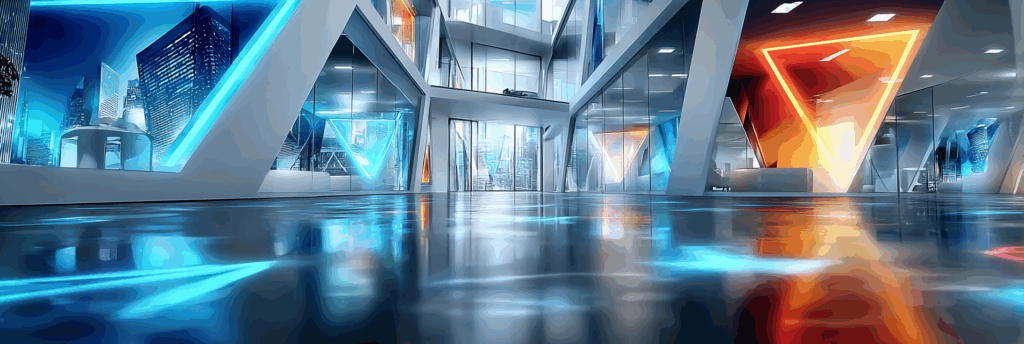 A sleek modern office hallway with glass walls, neon geometric lighting in blue and orange, and reflections across a polished floor.