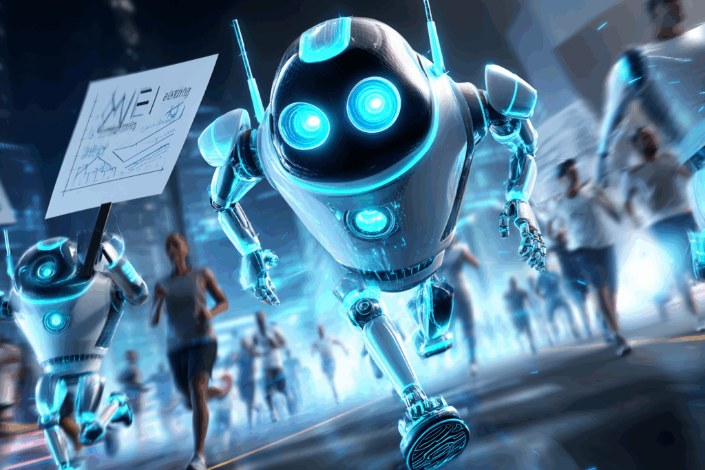 Robots run energetically alongside humans in a chaotic marathon, holding signs with messy data scribbles that parody misinformation.