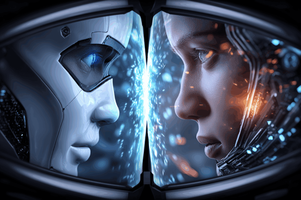 A human face and a robotic face stare at each other through a glass barrier, sparks and blue light flickering between them. The symmetry suggests reflection rather than conflict.