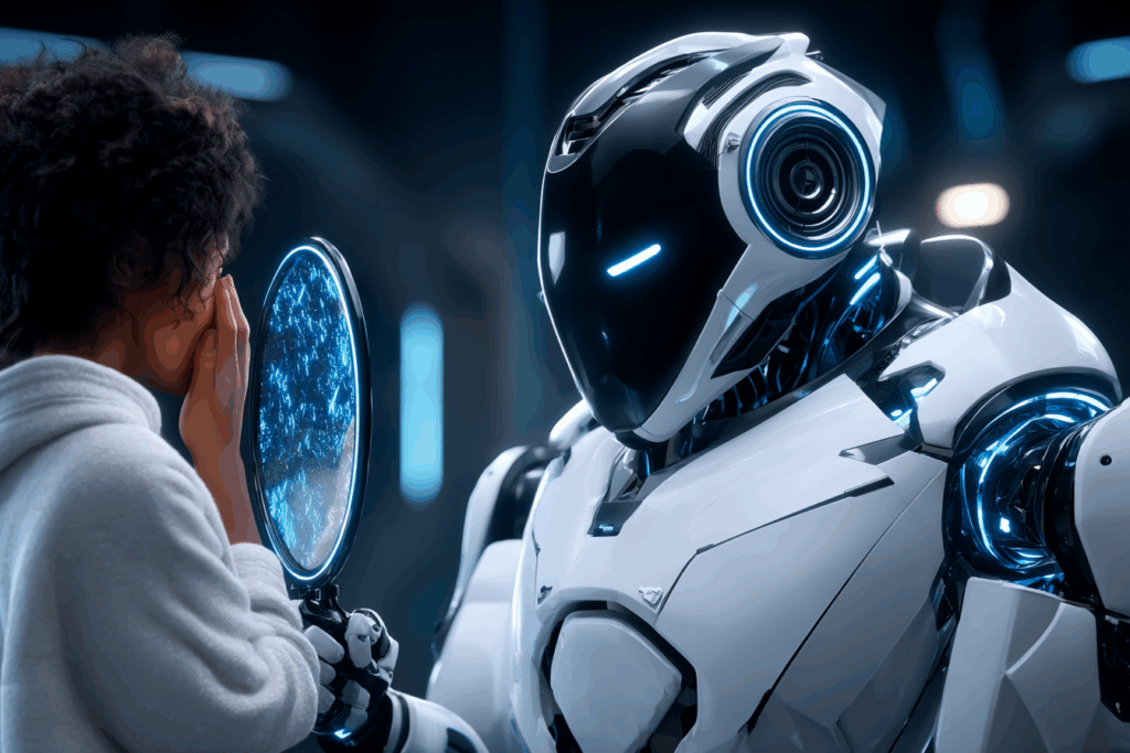 A humanoid robot holds a glowing mirror up to a human who covers their face in surprise, symbolizing self-reflection and the projection of human fears onto machines.