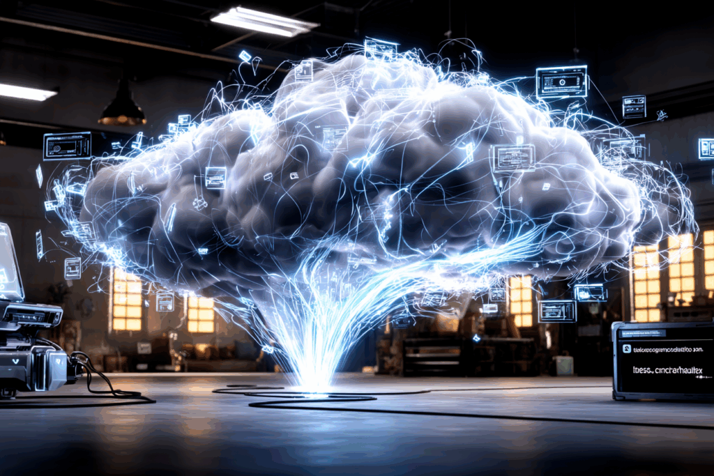 A large glowing digital cloud hovers in a workshop-like room, surrounded by swirling blue data lines and floating interface windows. Cables on the floor connect to nearby devices, creating the feeling of an overloaded system.
