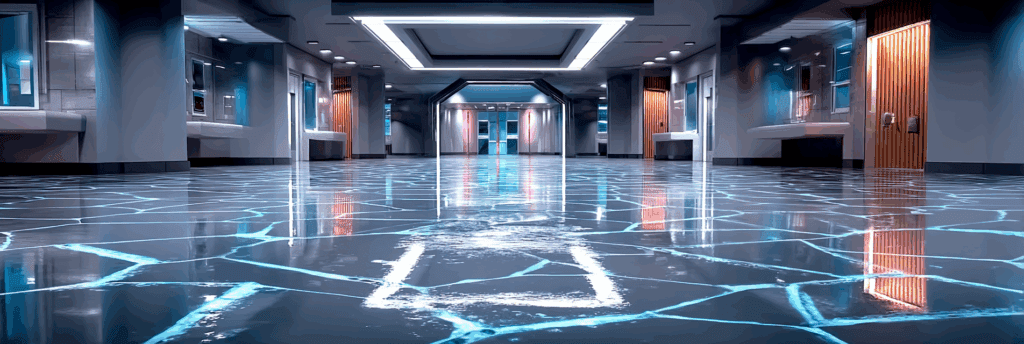 A bright, futuristic hallway with reflective floors lit by glowing blue fracture-like lines, surrounded by cool grey walls and geometric ceiling lights.