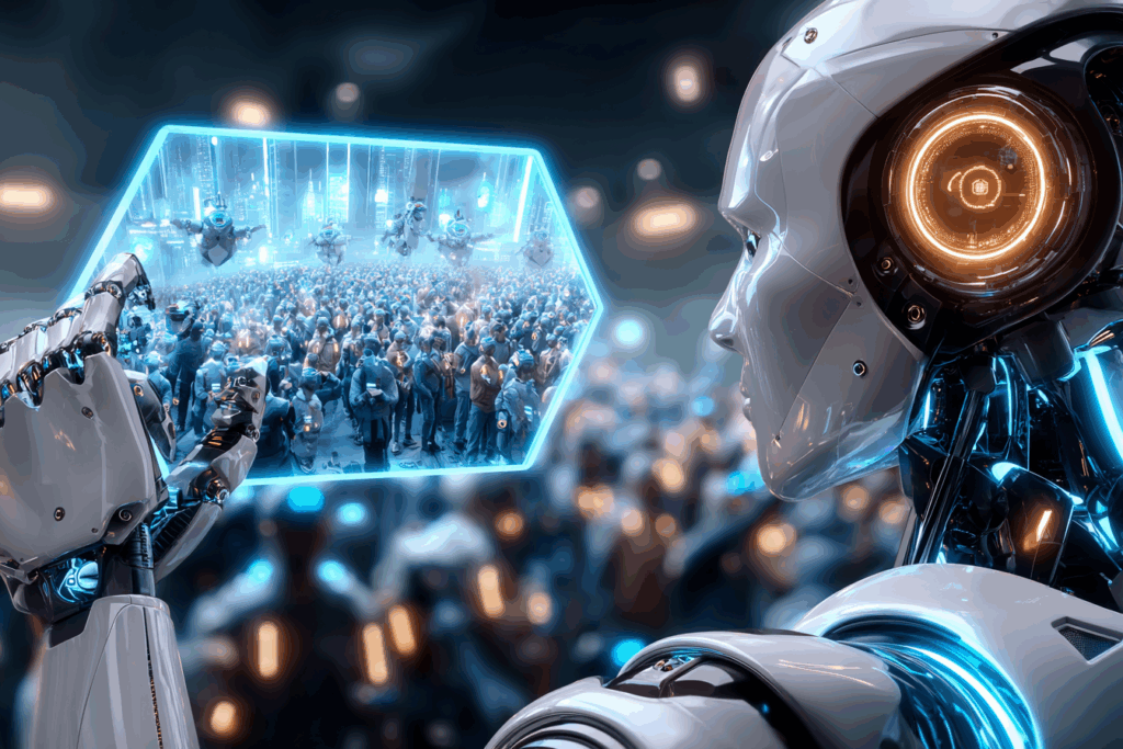 A group of shocked and bewildered people hold documents as swirling streams of code rush around them. Their exaggerated expressions capture the melodrama of AI panic in contrast to the mundane reality of the situation.