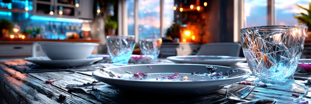 An empty dining table after a meal, with used plates, glasses, and scattered crumbs, lit by warm lights in an otherwise quiet kitchen.