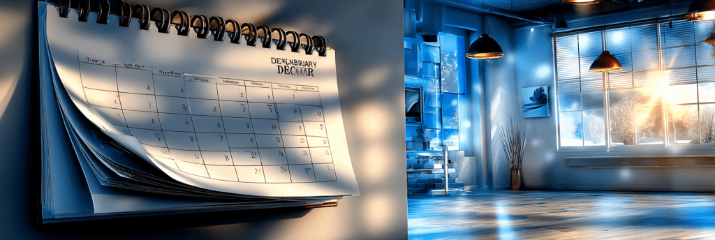 A paper calendar turned to December hangs in a quiet, empty room with winter light coming through a window.