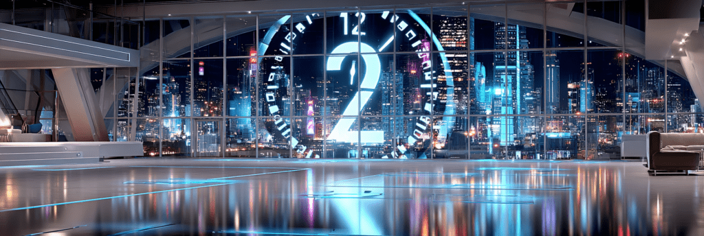 A modern interior space with floor-to-ceiling windows overlooking a city at night, dominated by a large digital countdown clock approaching midnight.
