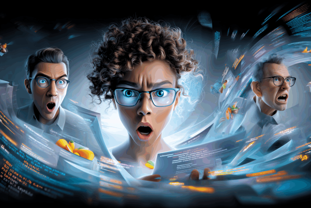 A group of shocked and bewildered people hold documents as swirling streams of code rush around them. Their exaggerated expressions capture the melodrama of AI panic in contrast to the mundane reality of the situation.