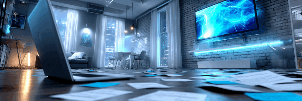 A dim modern apartment with papers scattered across the floor, a laptop propped open, blue neon lighting, and a glowing screen on the wall.