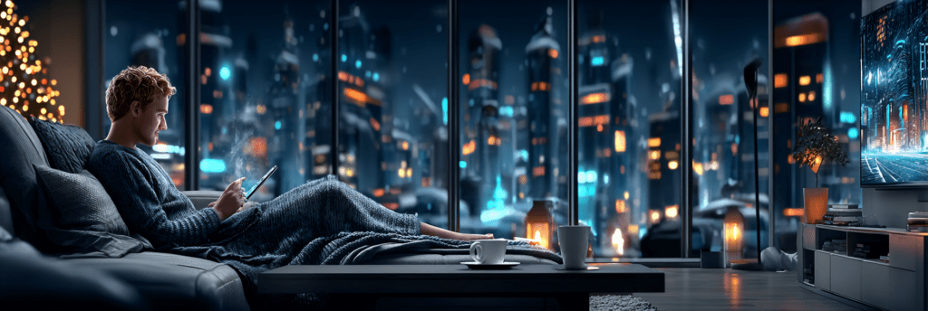 A person sits alone on a couch at night, wrapped in a blanket and scrolling on a phone, with a glowing city skyline visible through large windows behind them.