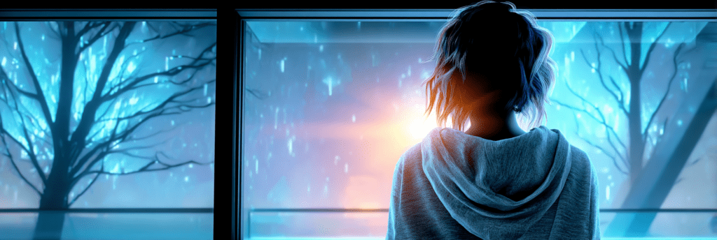 A person stands with their back to the camera, looking out a large window at a cold winter scene as soft light fills the room.