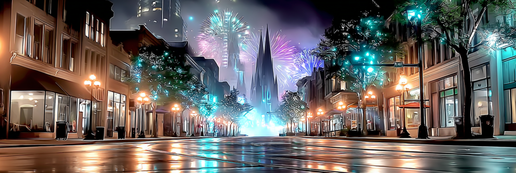 An empty city street at night with wet pavement reflecting streetlights, while fireworks burst in the sky above tall buildings in the distance.