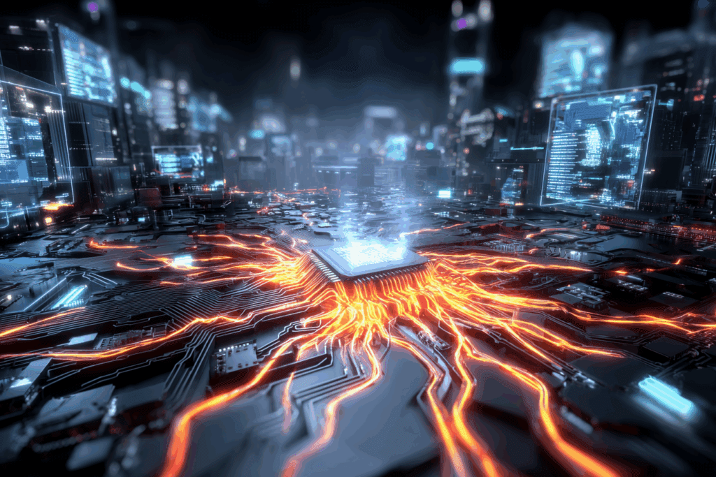 A central computer chip on a circuit board emits bright orange energy lines that spread outward in all directions. Digital screens float around it in a futuristic city backdrop, suggesting heavy data processing.