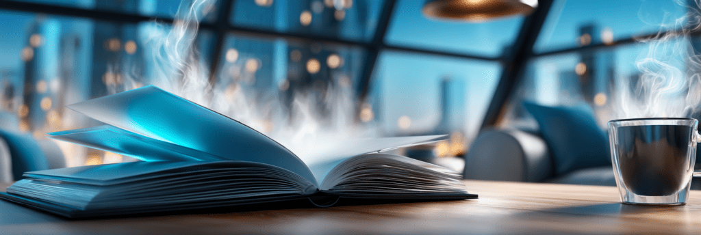 An open book on a table with pages slightly lifted, steam rising as if warm, next to a glass cup in a modern, softly lit room.