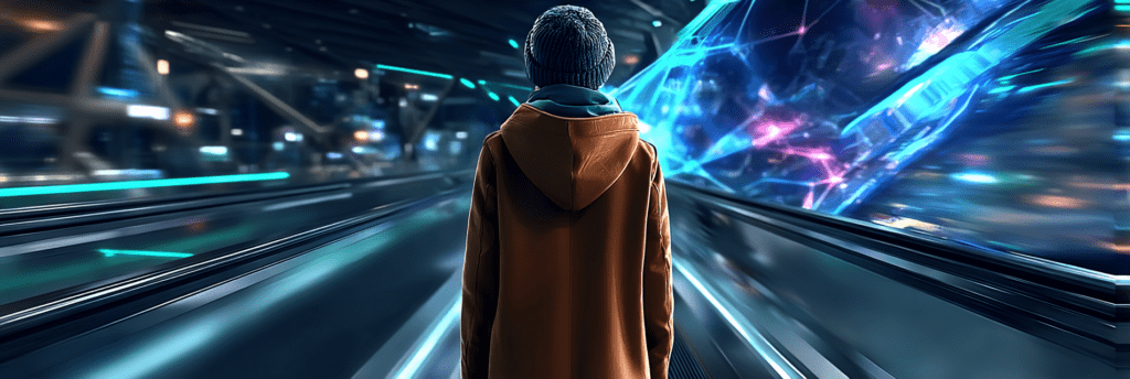 A person seen from behind standing still on a moving walkway inside a futuristic transit space, with motion blur and glowing light trails rushing past on both sides.