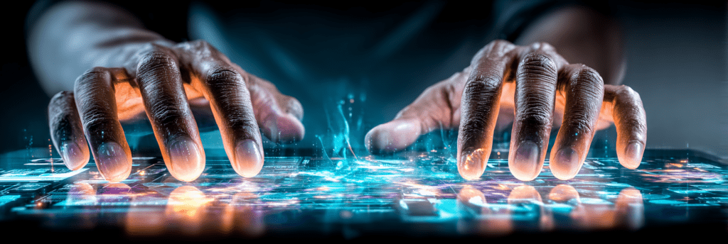 Close-up of human hands hovering over a luminous digital surface, with light patterns and data-like reflections illuminating the fingertips.