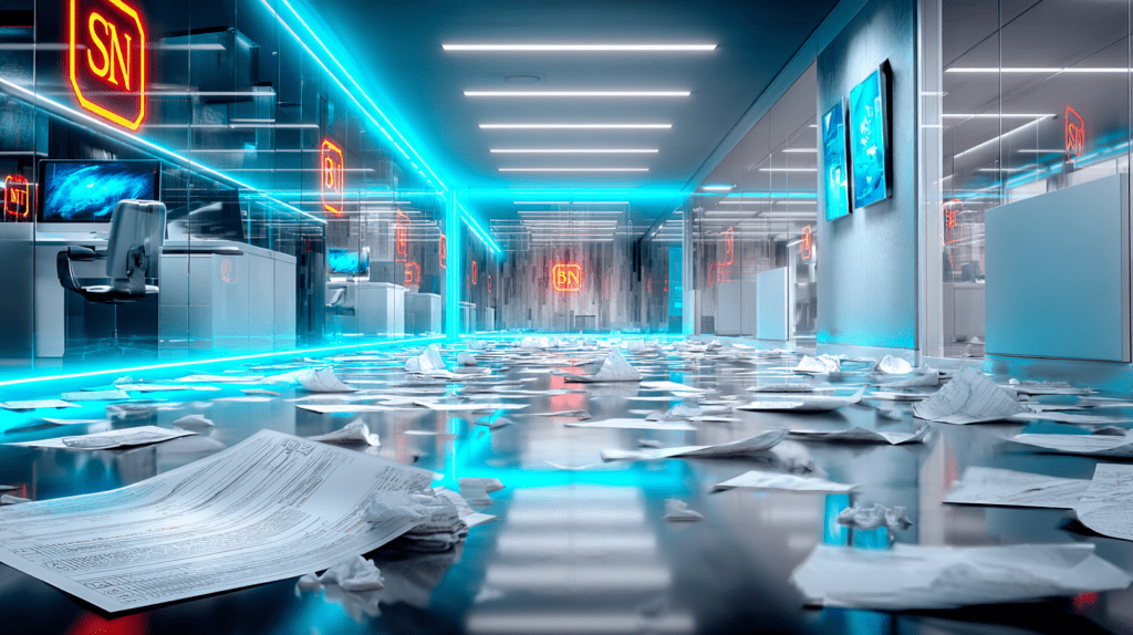 A sterile, glass-walled office corridor lit in cold blue neon, with scattered papers covering the floor and glowing corporate symbols reflected in polished surfaces.