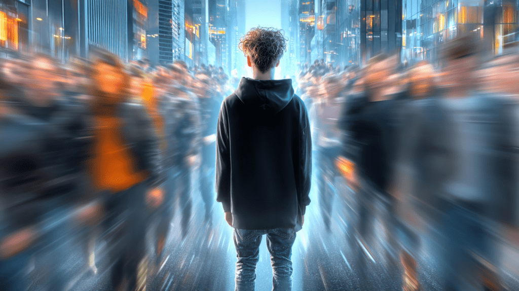 A lone figure standing still in the center of a crowded city street while blurred crowds rush past on all sides, illuminated by bright urban lights.