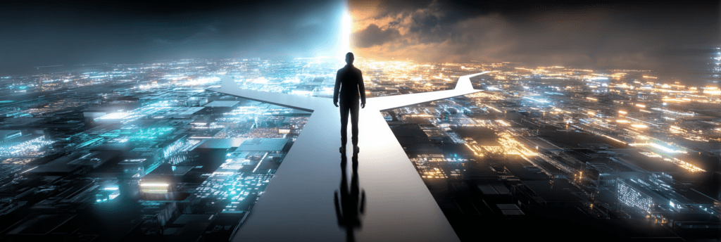 A silhouetted figure standing at a crossroads above a vast futuristic city, with one path lit in cool blue tones and the other in warm gold light.