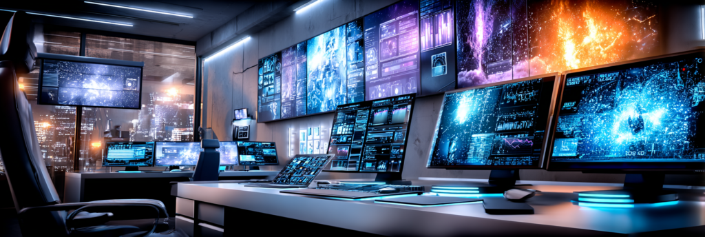 An empty high-tech control room filled with glowing monitors displaying complex data and visualizations, with no human operators present.