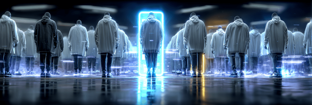 Rows of hooded human figures standing in formation, nearly identical in appearance, with one figure highlighted by a glowing frame.