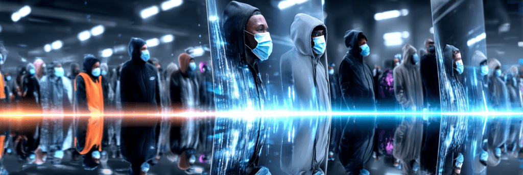 A large crowd of masked people standing in parallel rows inside a dim industrial space, divided by a glowing horizontal line and reflective panels that mirror their forms, emphasizing repetition and uniformity.