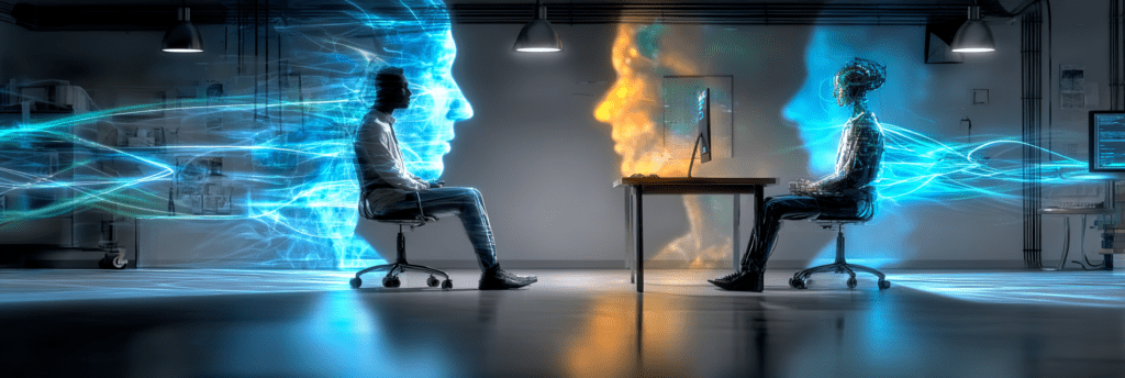 A human and a humanoid machine sit facing each other across a table in a stark room, while translucent energy-like silhouettes behind them mirror each other’s shape and posture.