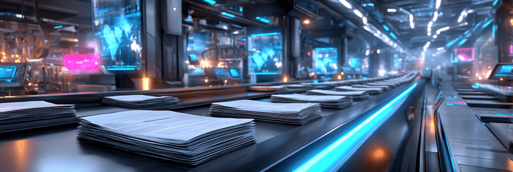 Stacks of identical papers moving along a high-tech conveyor belt inside a futuristic industrial facility, lit by blue and white lights.