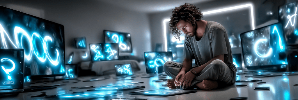 A person sitting on the floor in a dim room, surrounded by glowing screens filled with abstract symbols, appearing focused yet overwhelmed.