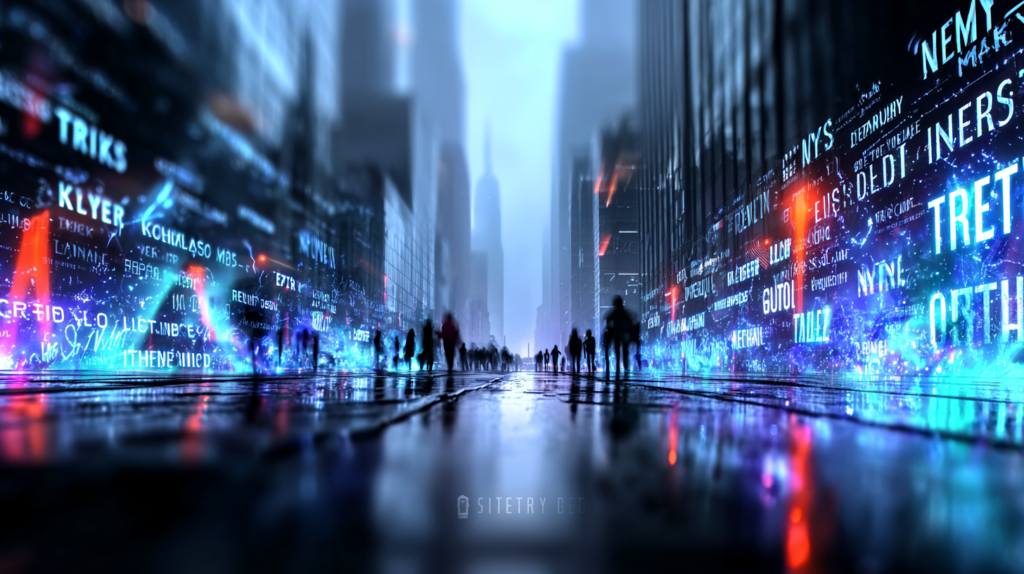 A blurred city street framed by tall buildings, with glowing streams of fragmented text and symbols projected along the walls, suggesting information overload without clarity or understanding.