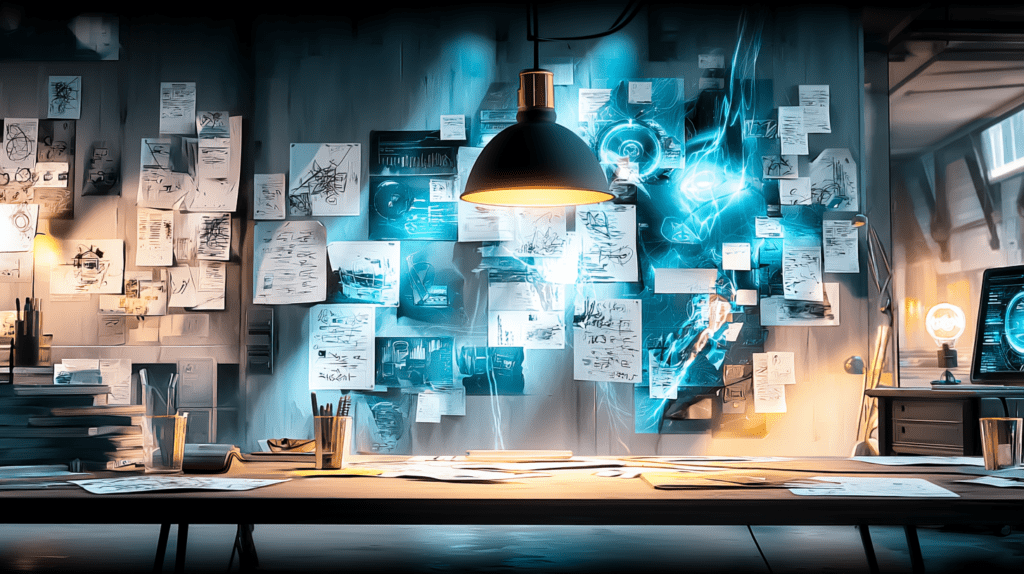 A dimly lit workspace covered in handwritten notes and diagrams, illuminated by a single hanging lamp, with abstract blue light suggesting unresolved thinking rather than clarity.