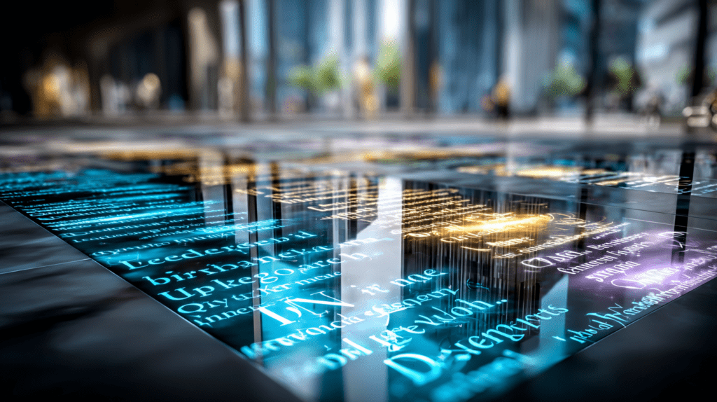 A reflective surface displaying glowing fragmented text and symbols, partially legible and distorted, suggesting information without comprehension.