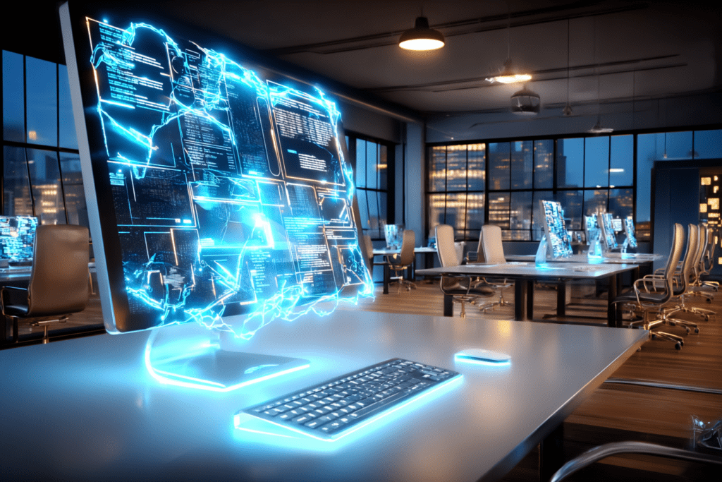 A futuristic computer monitor glowing with fragmented code and abstract interfaces in an empty modern office at night, suggesting advanced technology waiting for clear direction.