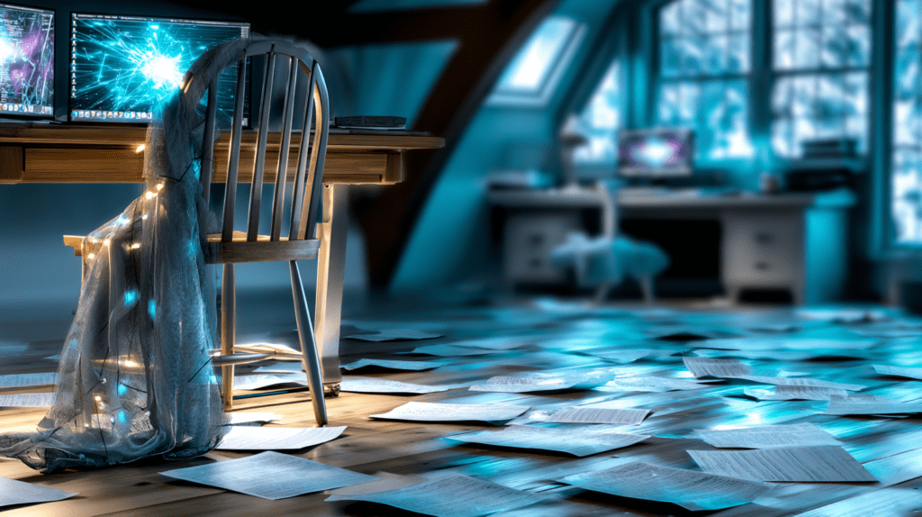 An empty chair facing a desk with glowing computer screens, scattered papers covering the floor, and soft blue light filling the room, creating a sense of abandoned effort and unresolved thinking.