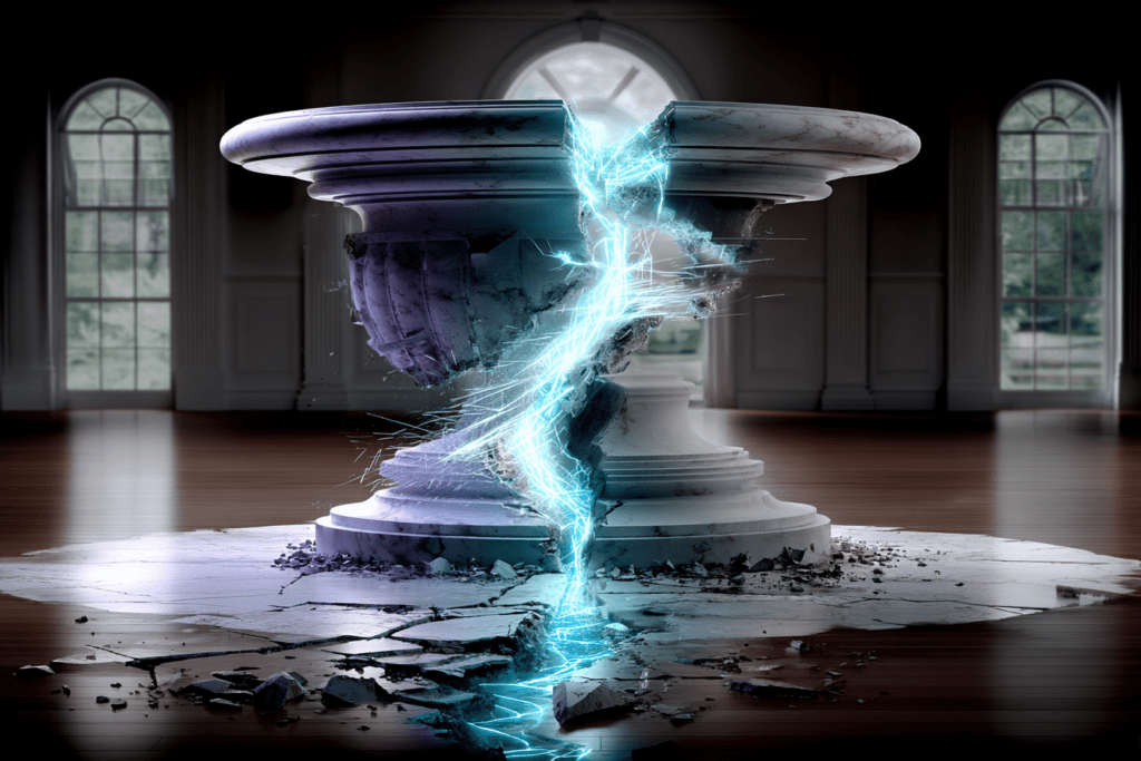 A classical stone pedestal split down the center by a glowing electric crack, fragments scattered across the floor in a dim, formal interior with tall windows.