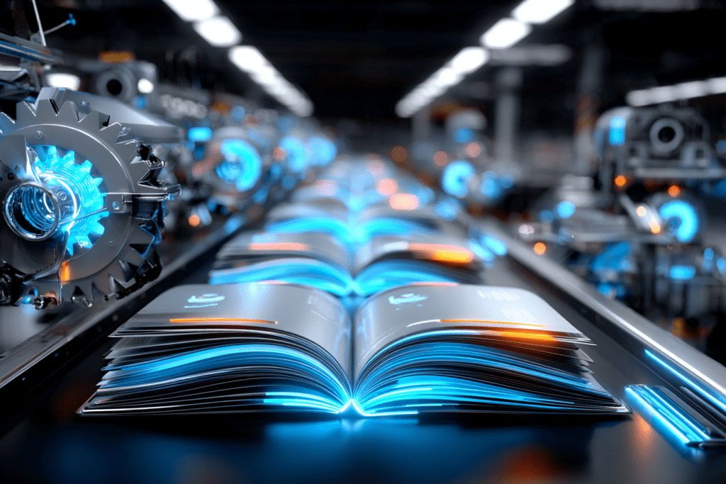 An industrial production line where open books with glowing blue pages move through automated machinery under factory lighting.