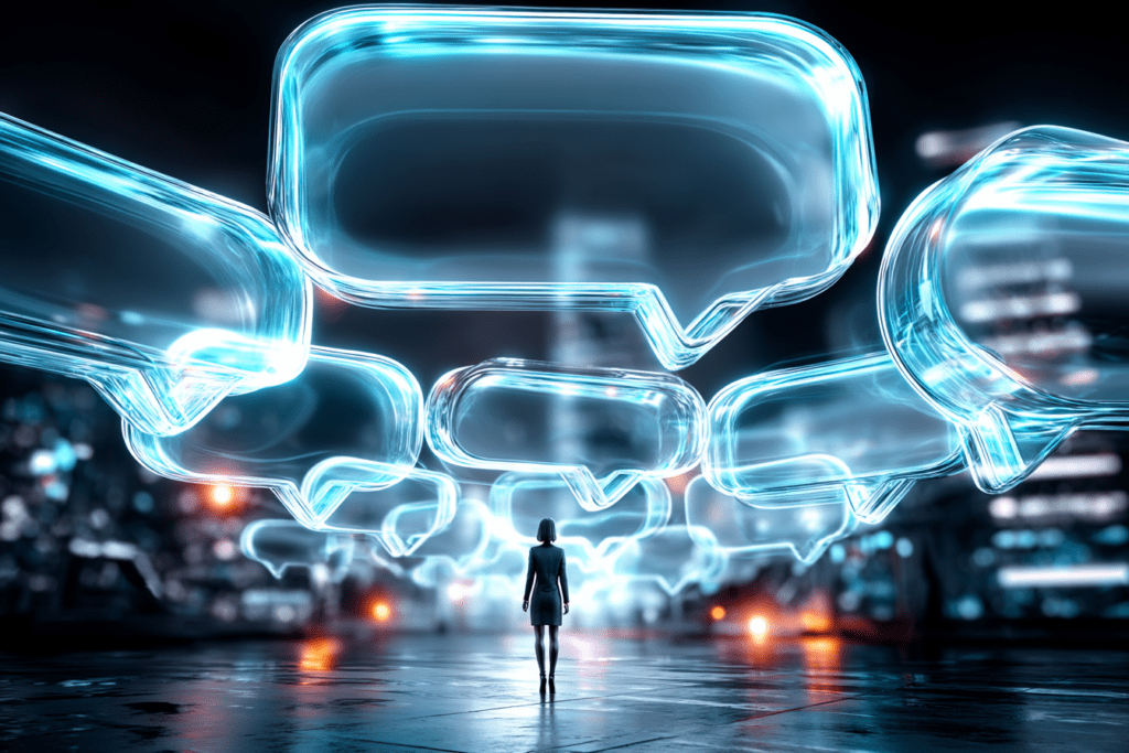 A solitary figure standing beneath oversized translucent speech bubbles floating above a cityscape, symbolizing overwhelming advice that lacks clear substance or direction.