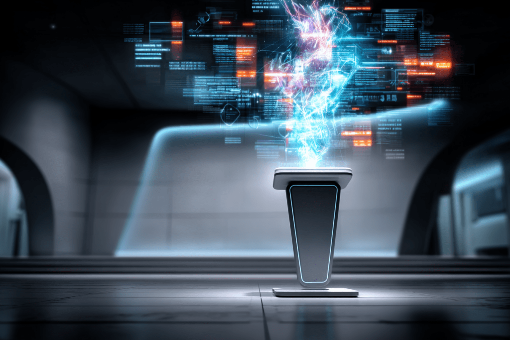 A sleek, futuristic podium emitting glowing streams of abstract data and fragmented text, representing authoritative presentation without concrete meaning.