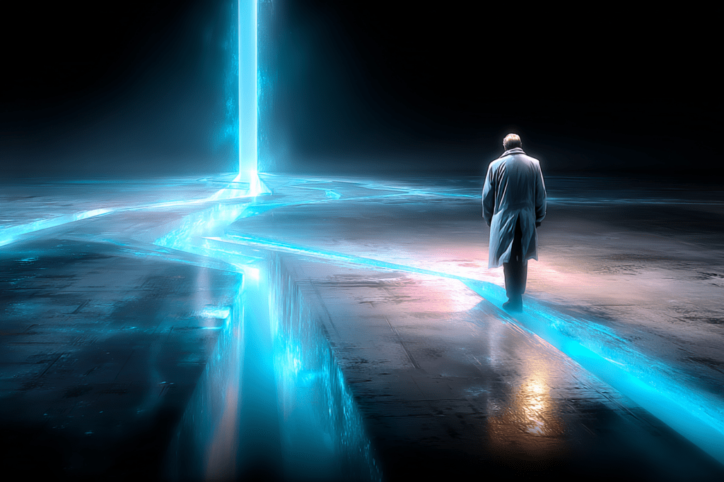 A lone figure walking along a narrow glowing path across a dark surface, with a bright vertical beam of light ahead, symbolizing clarity achieved through deliberate, sustained effort.