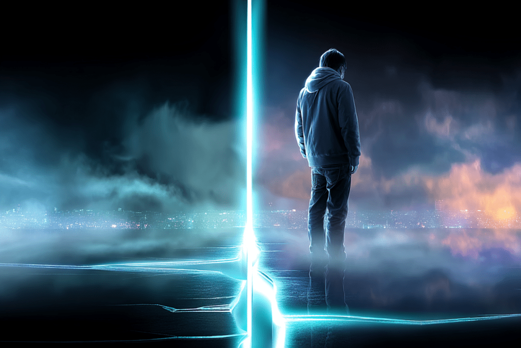A solitary figure standing beside a vertical beam of light that divides the scene, with fog and darkness surrounding them, representing the discipline of choosing one direction over many.
