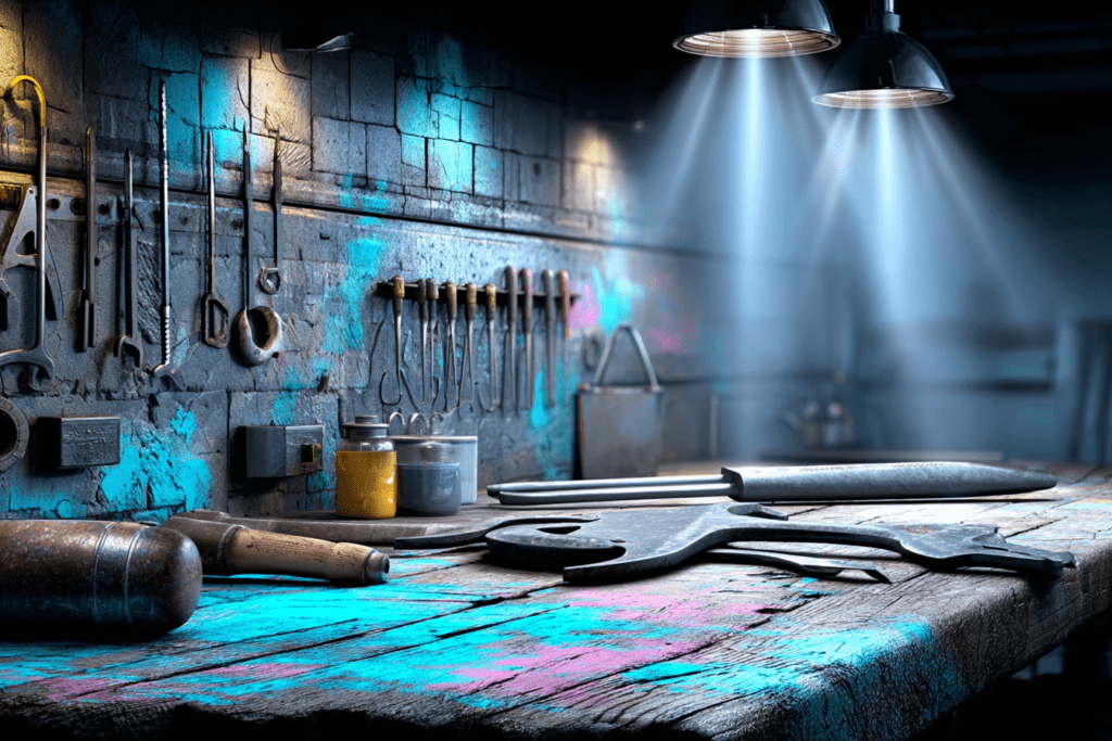 A worn workbench under focused overhead lights, with simple tools laid out in deliberate order, symbolizing clarity as a practiced craft rather than inspiration.