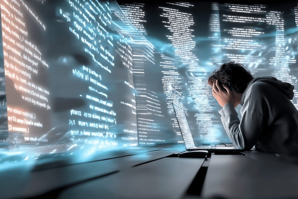 A person sits at a desk with a laptop, head in their hands, surrounded by towering translucent panels of glowing text, conveying overwhelm and cognitive overload rather than active engagement.