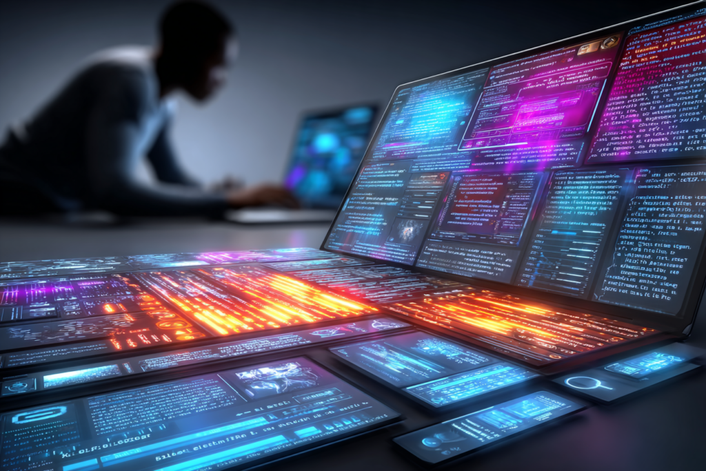 A laptop surrounded by layered, brightly lit digital panels filled with text and data, with a blurred human figure in the background, emphasizing distance between the person and the information.